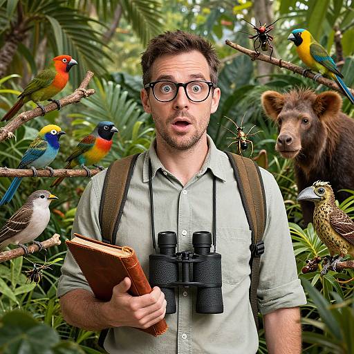 Surprised man with glasses, safari shirt, binoculars, and backpack, surrounded by colorful birds, a bear, and spiders in a lush