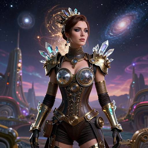 Digital art of a futuristic, armored woman with glowing crystal shoulder pieces, metallic chest plates, and black shorts in a sci-fi cityscape at dusk.