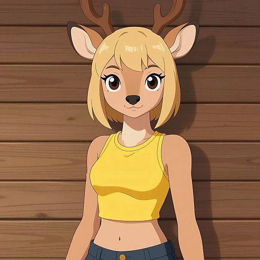 Digital anime-style drawing of a blonde, anthropomorphic deer girl with antlers, wearing a yellow crop top and blue jeans, standing against a wooden wall