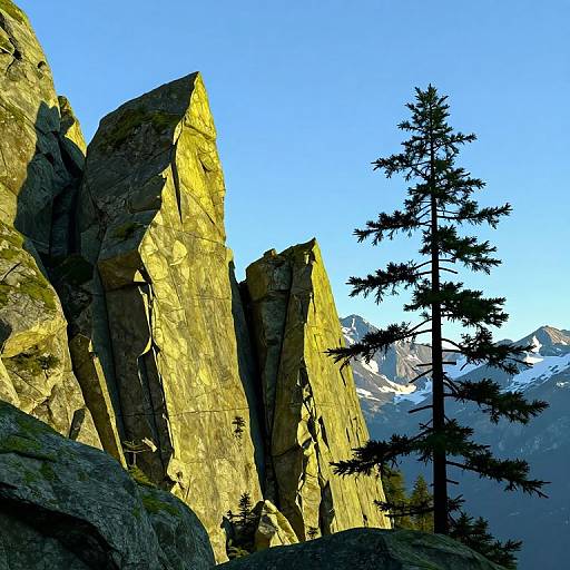 Photograph of a tall, sunlit rock formation with jagged peaks, a solitary pine tree in the foreground, and snow-capped mountains in the