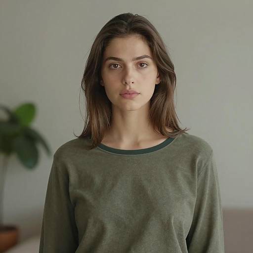 Portrait of Young Woman in Olive Green Shirt