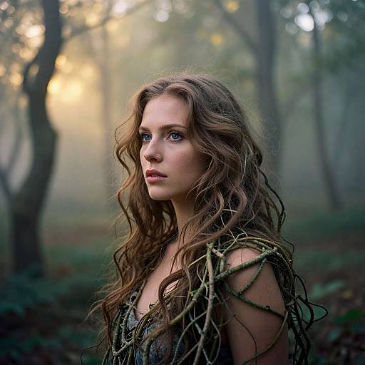 Photograph of a young woman with long, wavy brown hair, wearing a vine-like, nature-inspired outfit, in a misty forest with soft