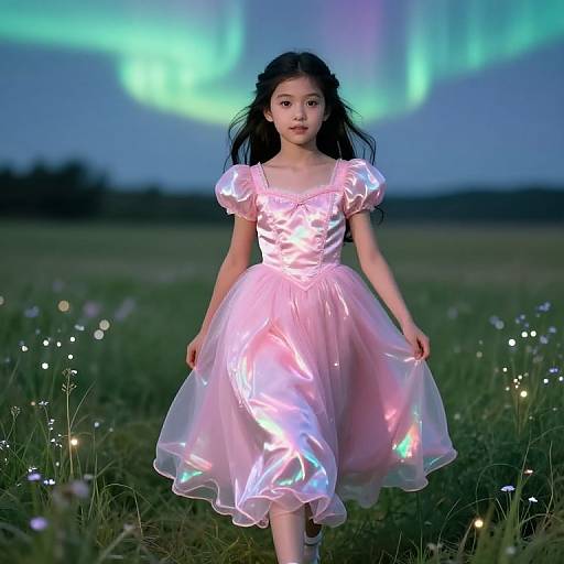 Photograph of an Asian girl with long black hair, wearing a shimmering pink dress, standing in a field under the Northern Lights.