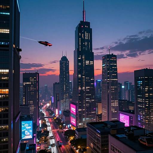 Photograph of a vibrant, neon-lit cityscape at dusk, featuring towering skyscrapers with illuminated signs, a UFO in the sky, and