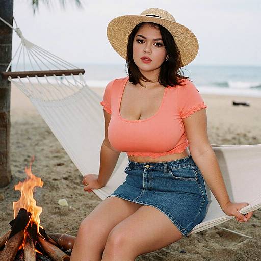 Photograph of a curvy Latina woman with dark hair, wearing a straw hat, orange crop top, and denim skirt, sitting on a beach hamm