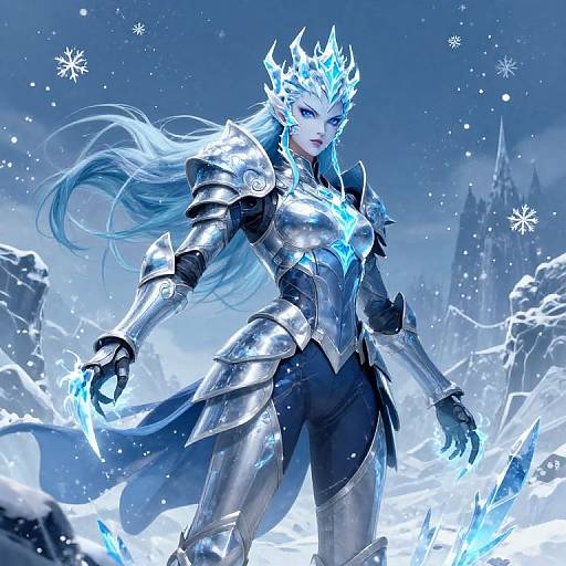 Digital fantasy artwork of a blue-skinned, ice-crowned female warrior with silver armor, glowing blue chest emblem, and long white hair, standing in