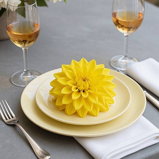 Photograph of a white plate with a vibrant yellow dahlia, set on a gray table with two wine glasses and silverware.