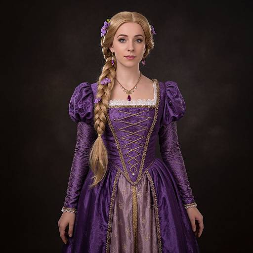 Photograph of a young woman with long blonde braid, wearing a detailed purple Renaissance-style dress, purple flower hair accessory, and necklace, against a