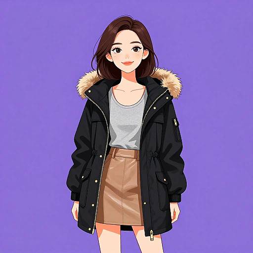 Digital anime-style illustration of a smiling young woman with dark brown hair, wearing a black jacket with fur hood, light blue tank top, and tan skirt