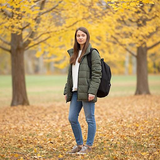 Photograph of a young woman with long brown hair, wearing a green jacket, white shirt, blue jeans, and brown shoes, standing in an autumn