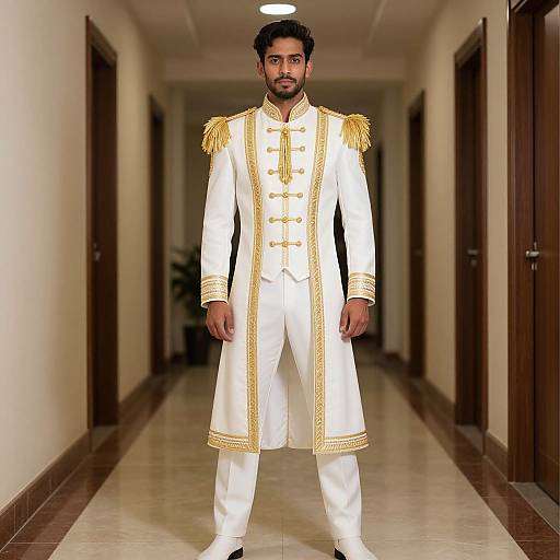 Photograph of a bearded man in a white, gold-embroidered, long coat with epaulettes, standing in a hallway with