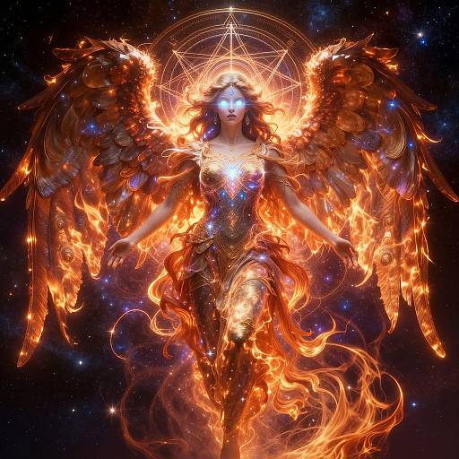 Digital artwork of a fiery, ethereal female angel with glowing blue eyes, large orange-black wings, and a shimmering, flame-like dress, set