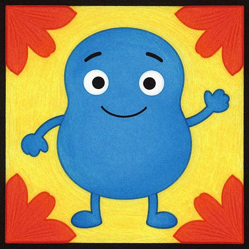 Digital drawing of a blue, round, cartoon character with white eyes, smiling, waving, on a yellow background with red leaf patterns.