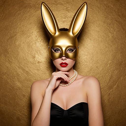 Photograph of a woman in a black strapless dress, gold bunny mask, red lipstick, pearl necklace, against a textured gold background.