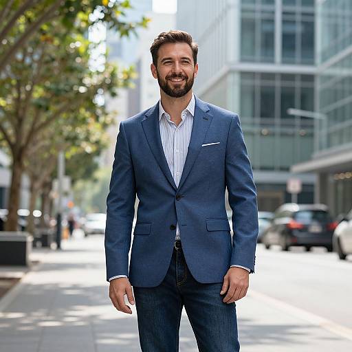 Photograph of a smiling bearded man with short brown hair, wearing a blue blazer, white striped shirt, and blue jeans, standing on a