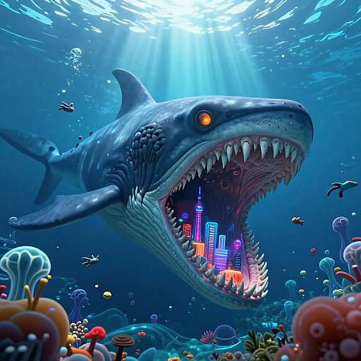 Digital artwork of a massive shark with glowing orange eyes, open mouth revealing a cityscape inside, surrounded by colorful coral and marine life underwater, with sunlight