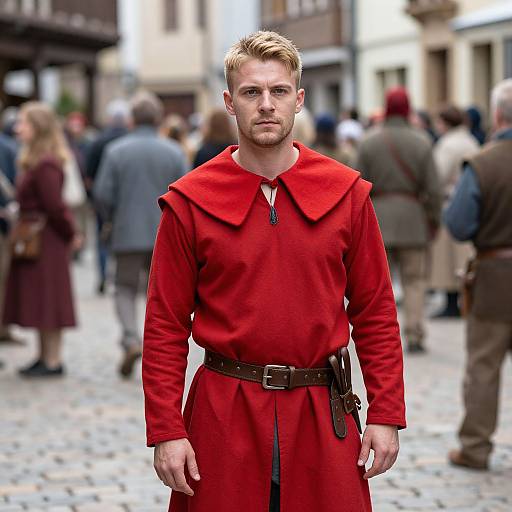 Photorealistic digital image of a blond, bearded man in a vibrant red medieval-style robe with a brown belt, standing in a cobblestone