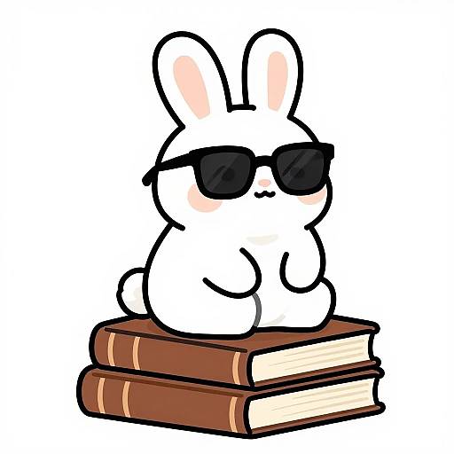 Cartoon white bunny with black sunglasses and pink blush sitting on two stacked brown books, simple outline, digital art style.