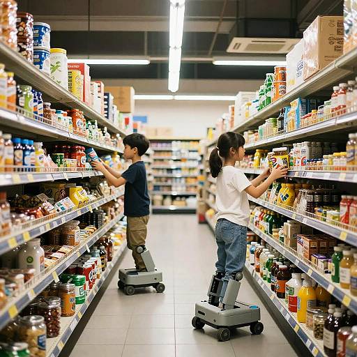 Photograph of two children in a brightly lit grocery store, standing on shopping carts, browsing shelves filled with various food items.