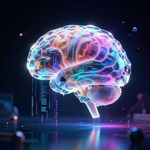 Digital CGI of a glowing, neon-colored brain with intricate, wireframe-like patterns, floating in a dark, futuristic background.