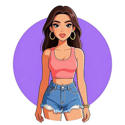 Digital illustration of a young woman with long dark hair, large hoop earrings, pink crop top, and blue high-waisted denim shorts, standing against