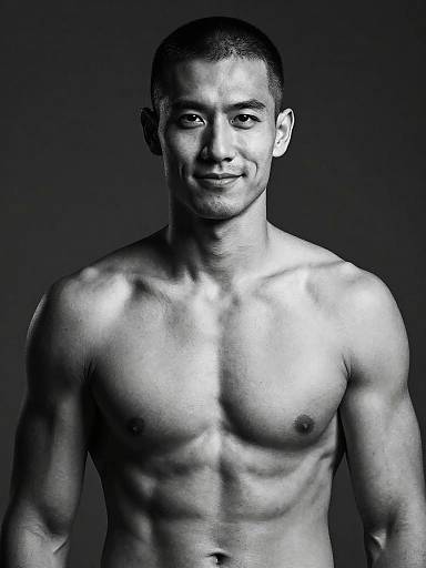 Black-and-white photograph of a muscular, shirtless Asian man with short hair, defined abs, and a slight smile, standing against a dark background.