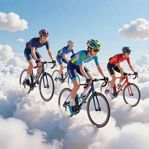 Four cyclists in colorful helmets and jerseys flying above fluffy clouds, vibrant blue sky background, dynamic and exhilarating scene.