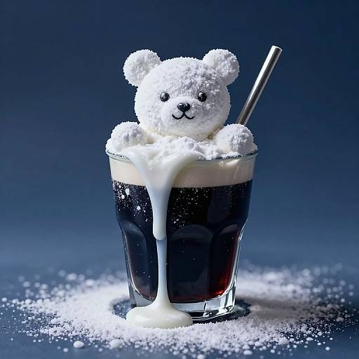 Photograph of a glass of dark soda topped with whipped cream and a white sugar-coated teddy bear, with a straw, on a blue gradient