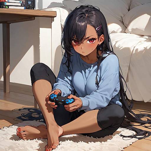 Dark-Skinned Gamer Sitting on Floor