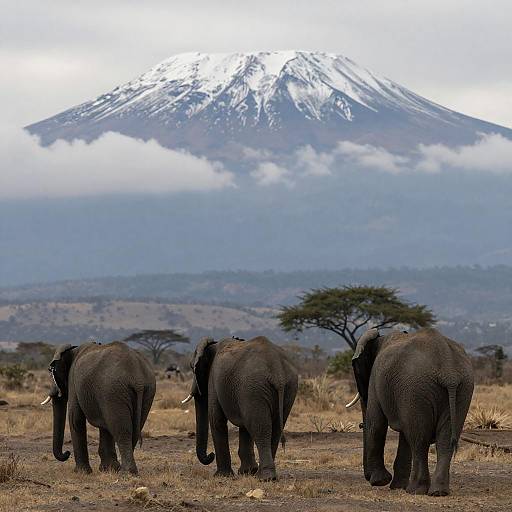 Elephants Walking with Mount Kilimanjaro