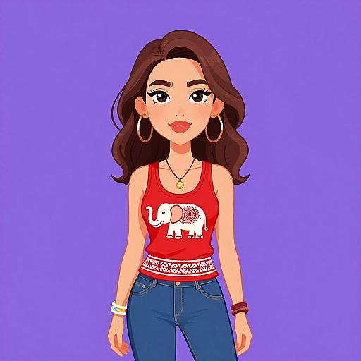 Digital illustration of a smiling young woman with brown hair, wearing a red elephant tank top, blue jeans, and hoop earrings, against a purple background.