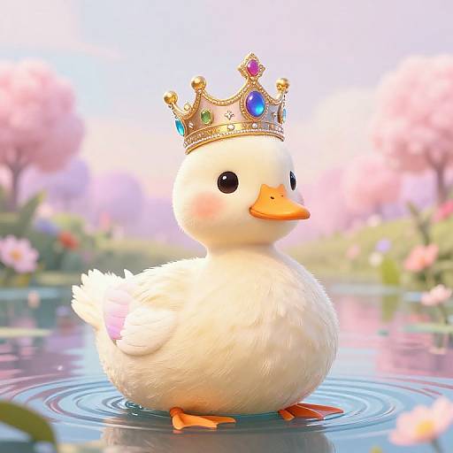 Cute digital illustration of a fluffy white duck with a colorful crown, standing in a serene pond with pink cherry blossom trees in the background.