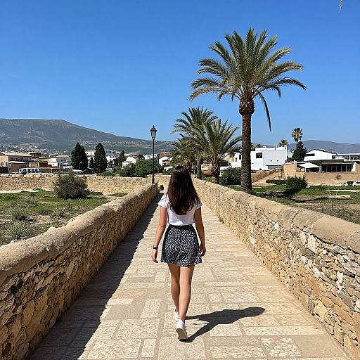 Photograph of a woman with long brown hair, white top, and black-and-white patterned skirt, walking on a sunny stone pathway flanked by