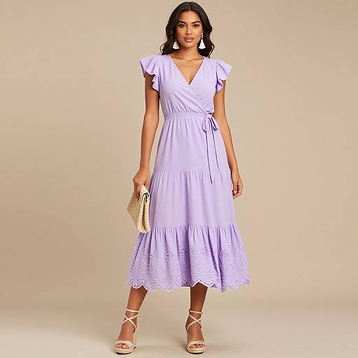 Photograph of a woman with dark hair wearing a light purple, V-neck, short-sleeved dress with lace trim and white strappy sandals,
