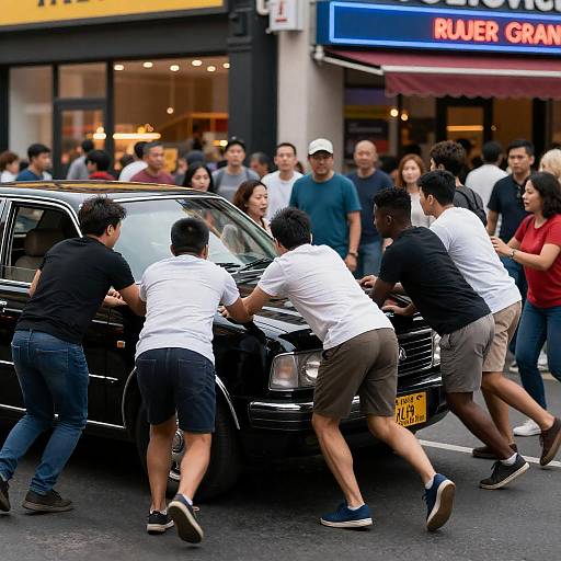 Group Pushing Classic Black Car on Busy City Street