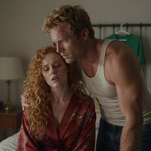 Man comforting woman in dimly lit room