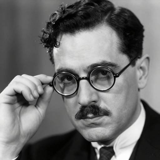 Black-and-white photograph of a serious man with curly hair, round glasses, and a mustache, adjusting his glasses, wearing a suit.