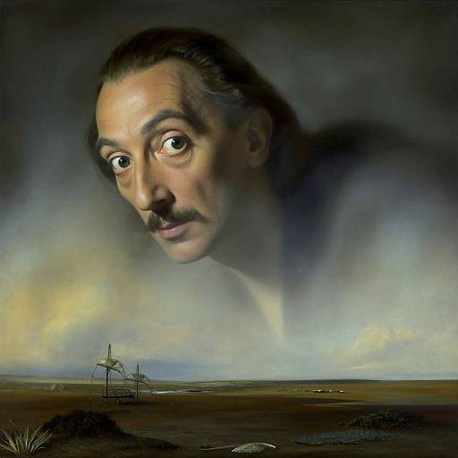 Digital painting of a large, anxious-looking man with dark hair and mustache looming over a desolate, flat landscape with windmills.