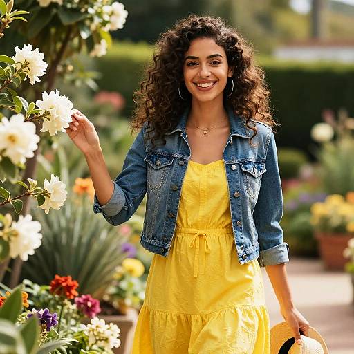 Photograph of a smiling woman with curly brown hair, wearing a denim jacket and yellow dress, holding flowers in a vibrant garden.