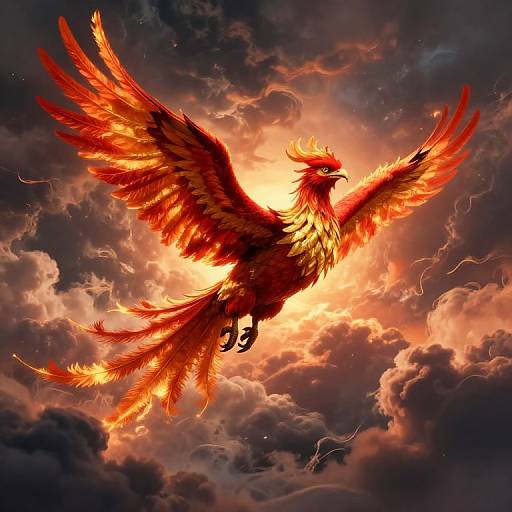 Digital artwork of a radiant, fiery phoenix with outstretched wings, glowing red and orange feathers, soaring amidst dramatic, stormy clouds with lightning.