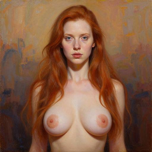 Digital painting of a topless, fair-skinned, red-haired woman with large breasts, blue eyes, and a neutral expression against a textured, abstract