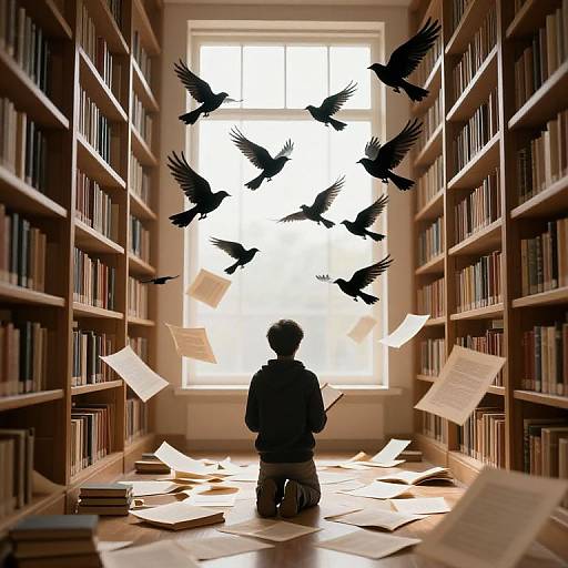 Silhouetted boy kneels in library, surrounded by flying black birds and floating papers, against bright window light. Photographic surrealism.