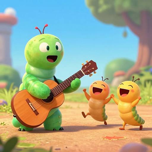 CGI image of three cheerful, cartoonish, insect-like characters: a green one playing a guitar, and two orange ones dancing joyfully in a