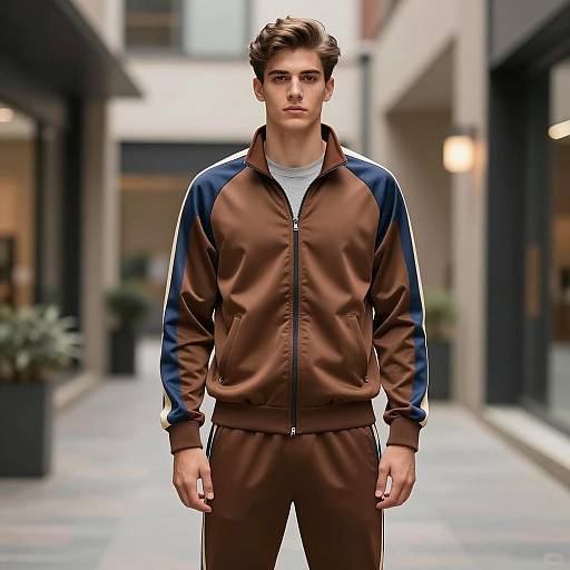 Young Man Wearing Brown and Blue Track Suit