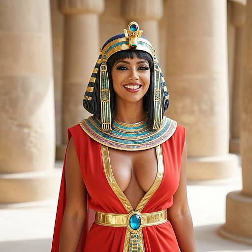Photorealistic image of a smiling, dark-skinned woman with large breasts, wearing an Egyptian-inspired red dress, gold and turquoise headpiece, and