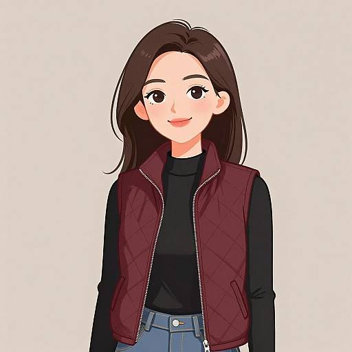Digital anime-style drawing of a smiling young woman with straight brown hair, wearing a maroon quilted vest, black turtleneck, and blue jeans