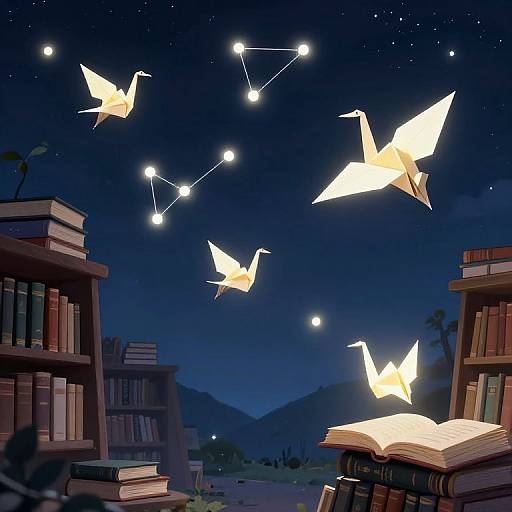 Night scene of glowing paper butterflies flying above open books on wooden shelves under a starry sky with constellation. Digital art.