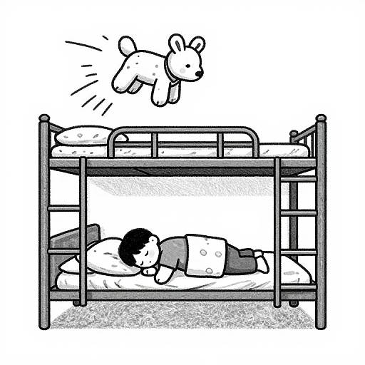 Black-and-white cartoon of a child sleeping on a bunk bed, while a small, leaping rabbit hovers above. Simple, minimalist style.