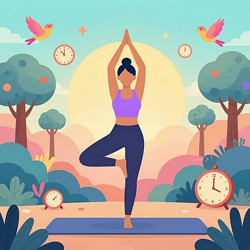 Digital illustration of a woman in a purple sports top and blue yoga pants doing a tree pose, surrounded by birds, clocks, and colorful nature background.