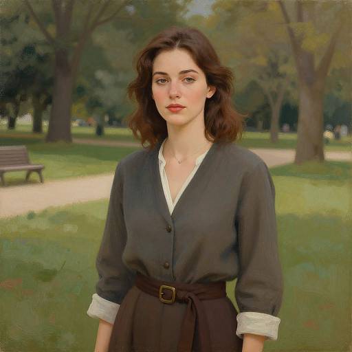 Digital painting of a young woman with wavy brown hair, wearing a dark gray blouse and black skirt, standing in a park with trees and a bench